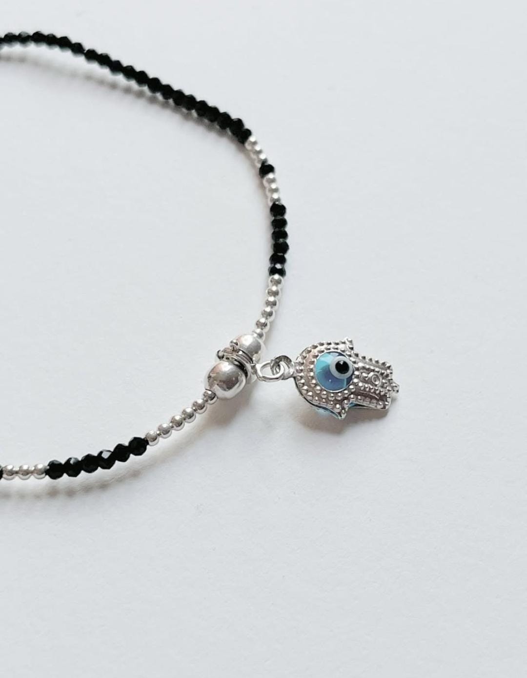 Black Spinel, Silver Ball, Hamsa Evil Eye Charm Nazariya 925 Sterling Silver Bracelet