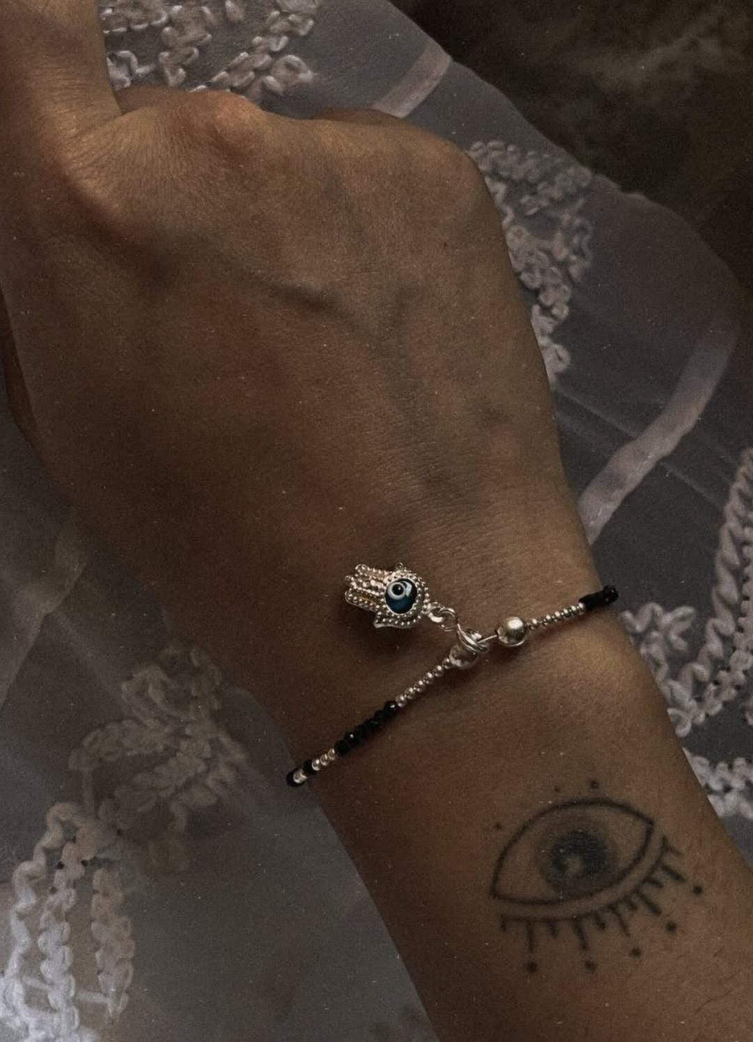 Black Spinel, Silver Ball, Hamsa Evil Eye Charm Nazariya 925 Sterling Silver Bracelet