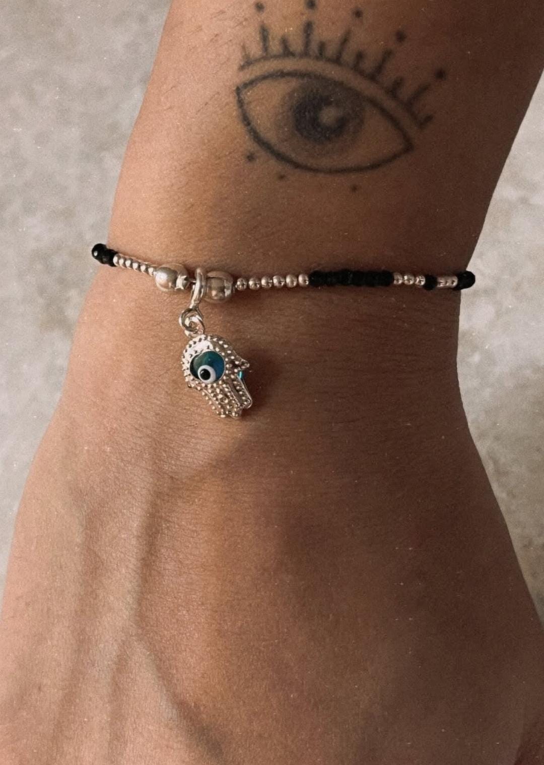 Black Spinel, Silver Ball, Hamsa Evil Eye Charm Nazariya 925 Sterling Silver Bracelet