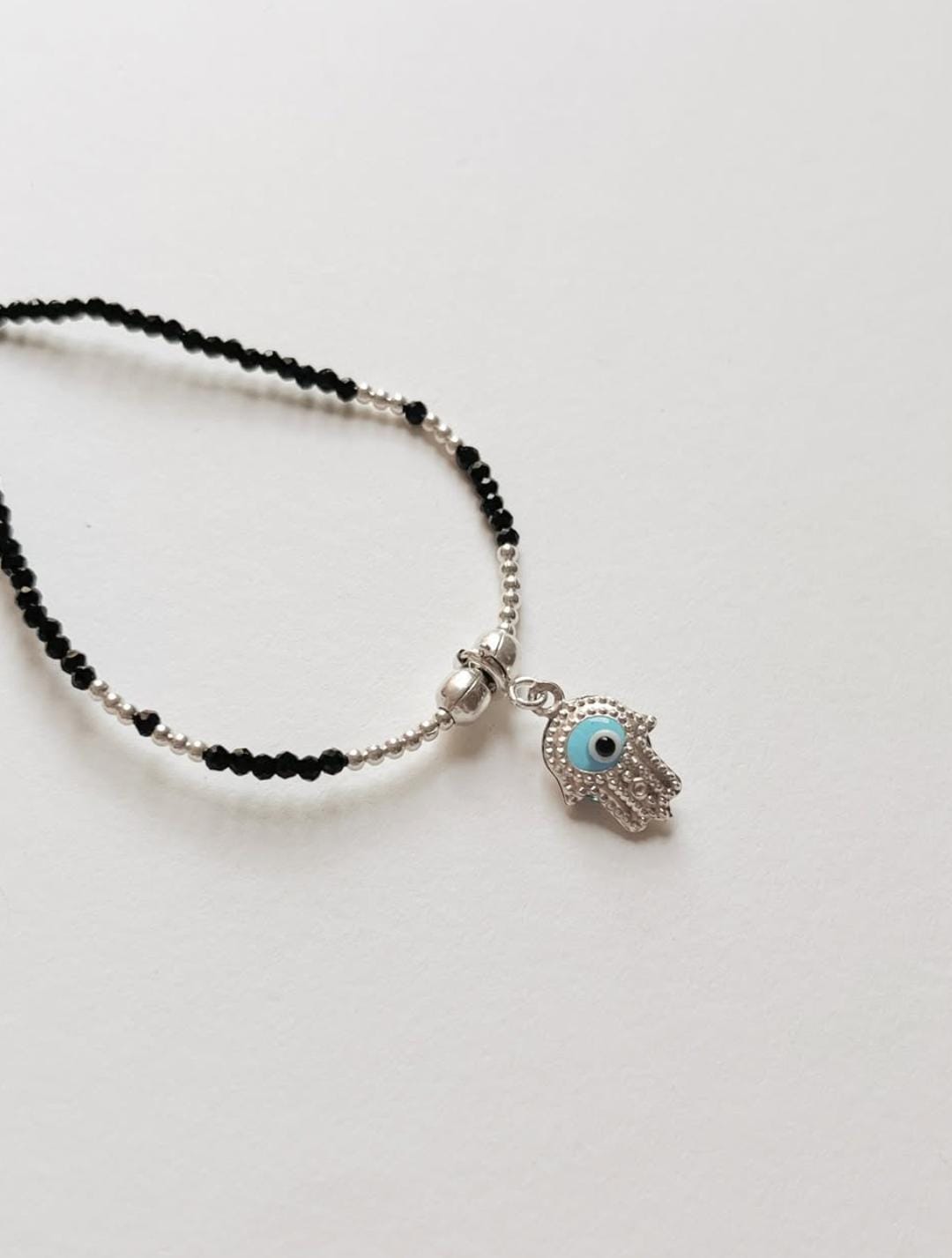 Black Spinel, Silver Ball, Hamsa Evil Eye Charm Nazariya 925 Sterling Silver Bracelet