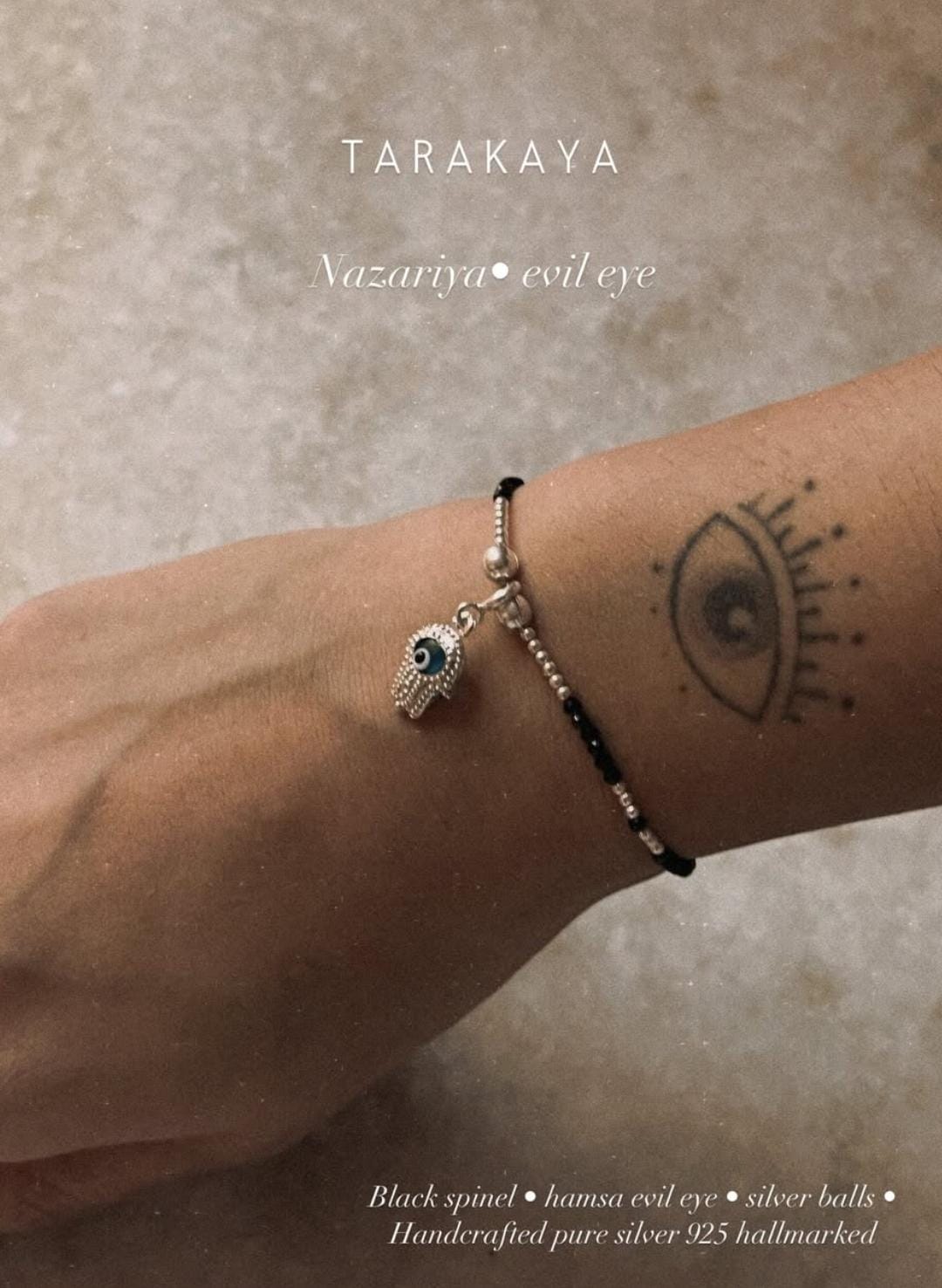 Black Spinel, Silver Ball, Hamsa Evil Eye Charm Nazariya 925 Sterling Silver Bracelet