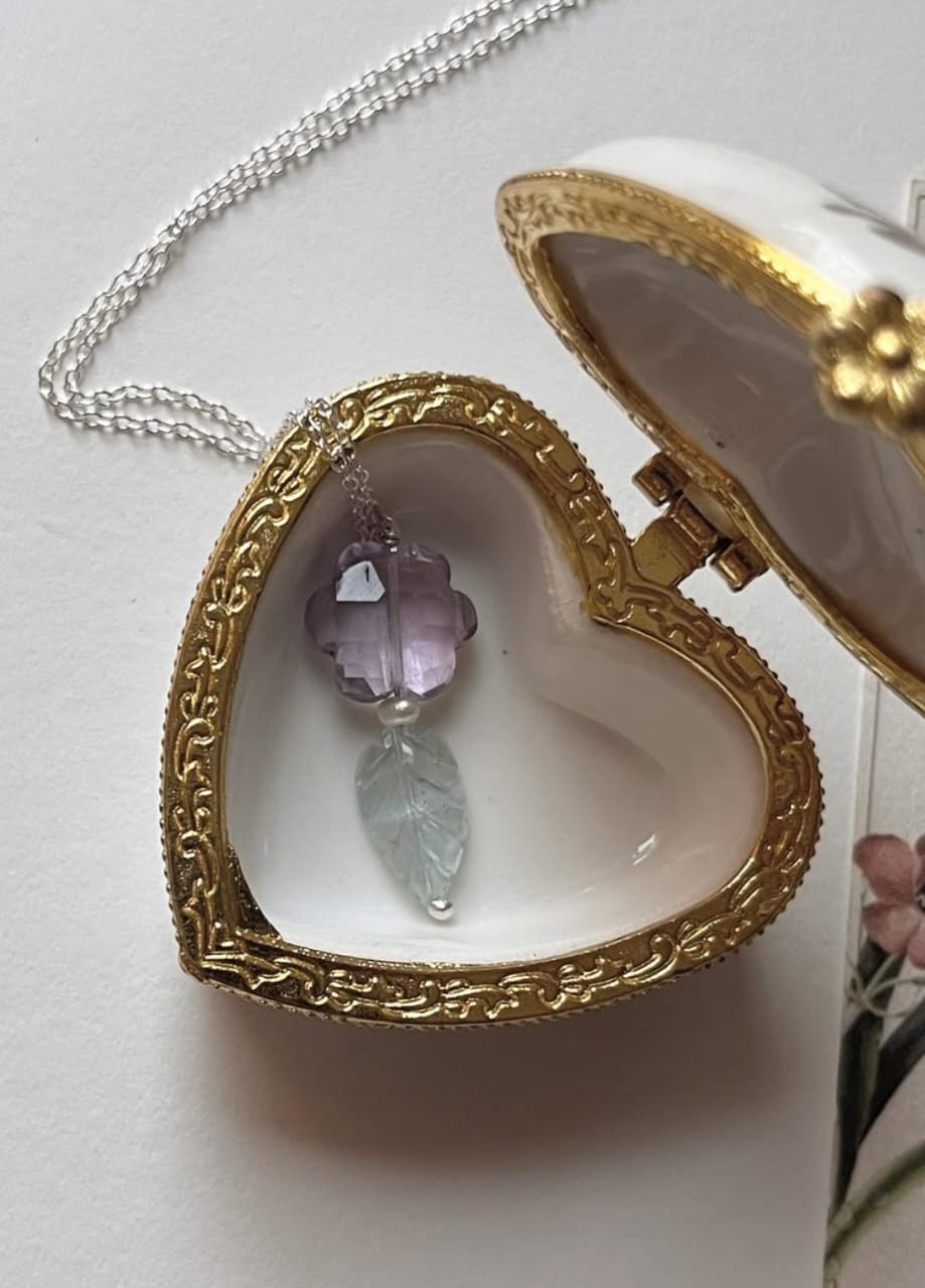 Amethyst Flower, Aquamarine Leaf & Fresh Water Pearl 925 Sterling Silver Necklace