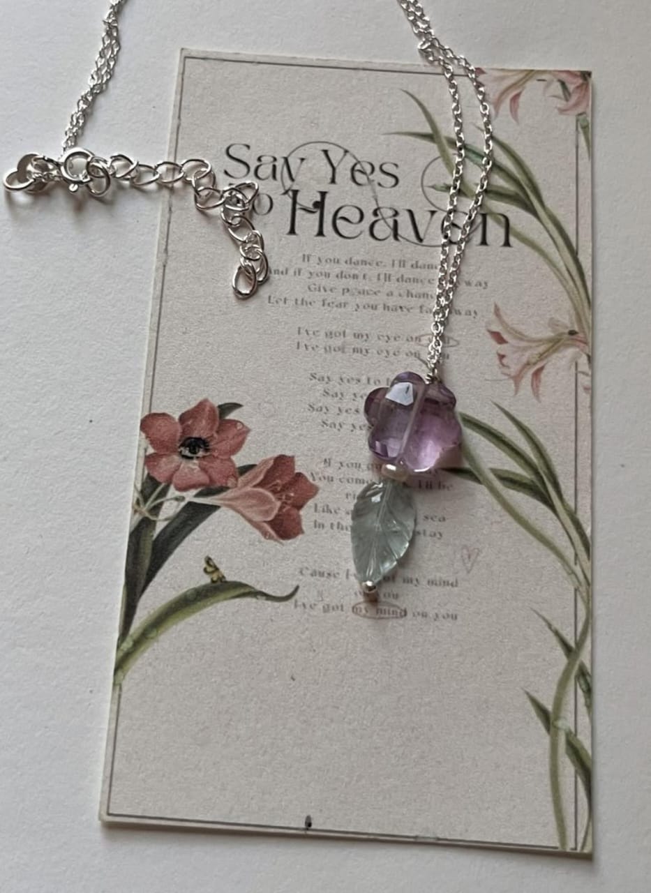 Amethyst Flower, Aquamarine Leaf & Fresh Water Pearl 925 Sterling Silver Necklace