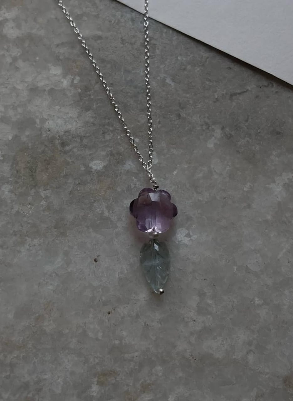 Amethyst Flower, Aquamarine Leaf & Fresh Water Pearl 925 Sterling Silver Necklace