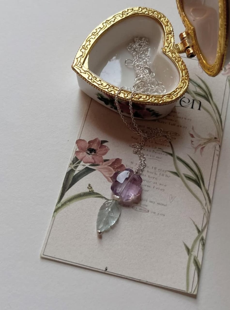 Amethyst Flower, Aquamarine Leaf & Fresh Water Pearl 925 Sterling Silver Necklace