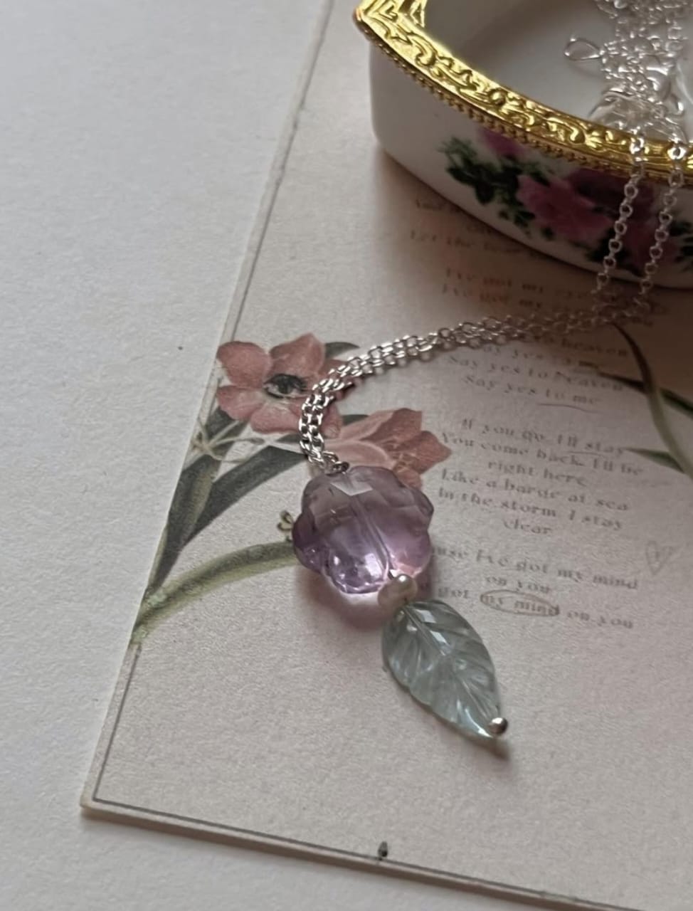 Amethyst Flower, Aquamarine Leaf & Fresh Water Pearl 925 Sterling Silver Necklace