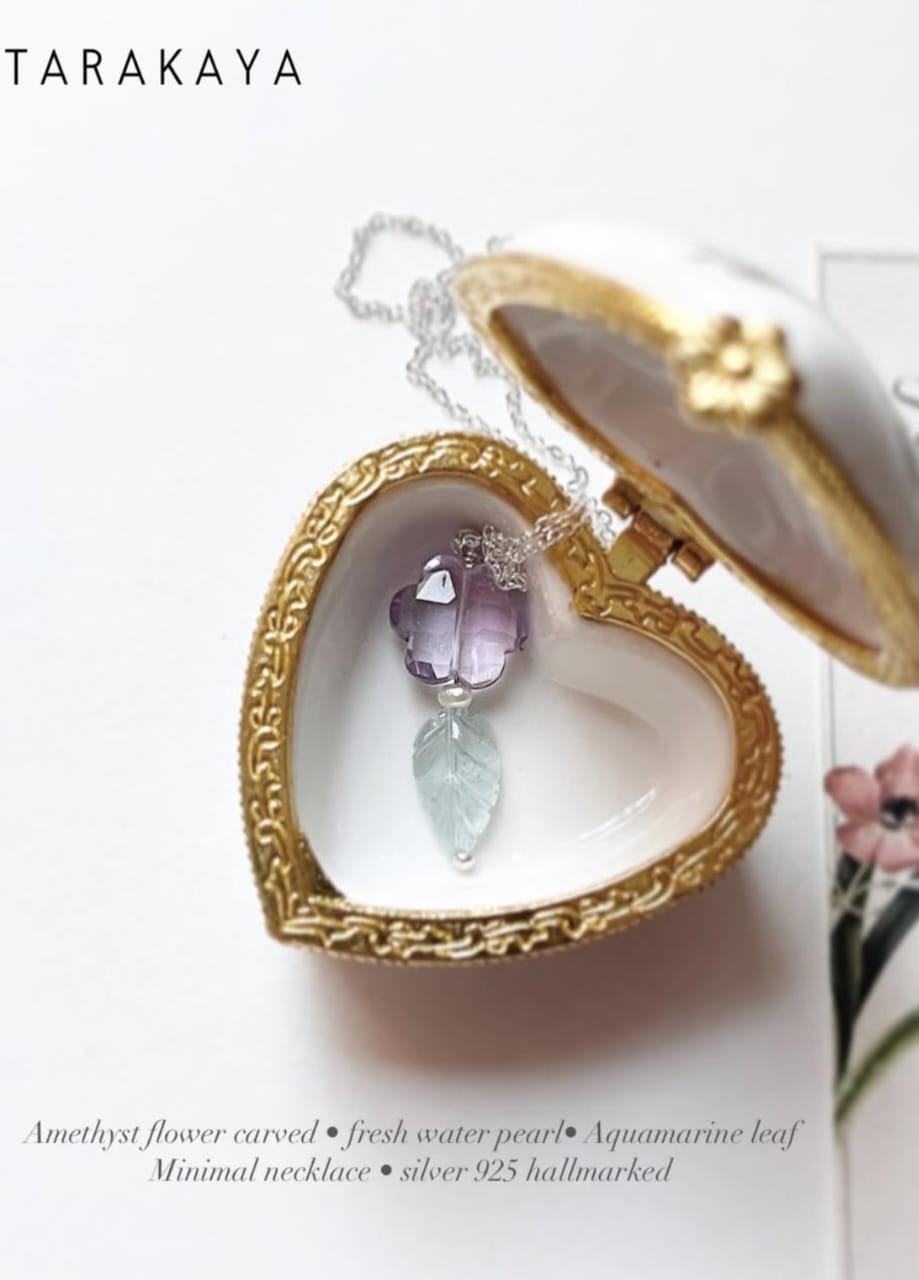 Amethyst Flower, Aquamarine Leaf & Fresh Water Pearl 925 Sterling Silver Necklace