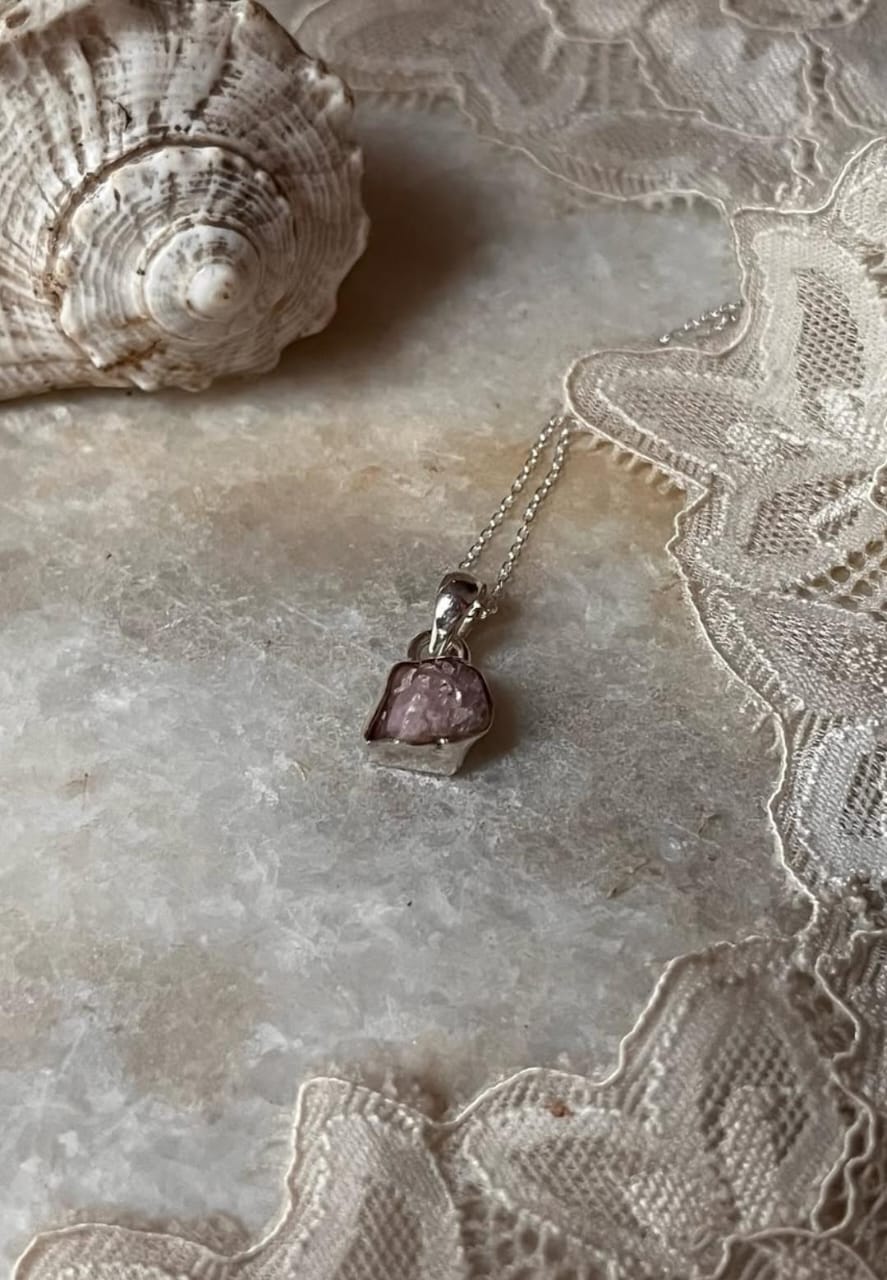Rose Quartz Raw Uncut 925 Sterling Silver Pendant