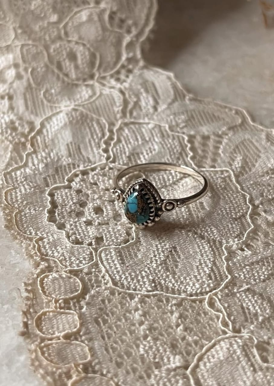 Copper Turquoise Pear Boho 925 Sterling Silver Ring