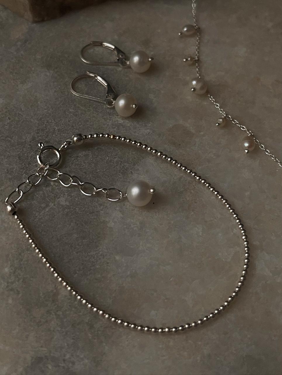 Fresh Water Pearls Choker, Lever Back Earring and 2mm Silver Ball Bracelet Handcrafted 925 Sterling Silver Stack Set