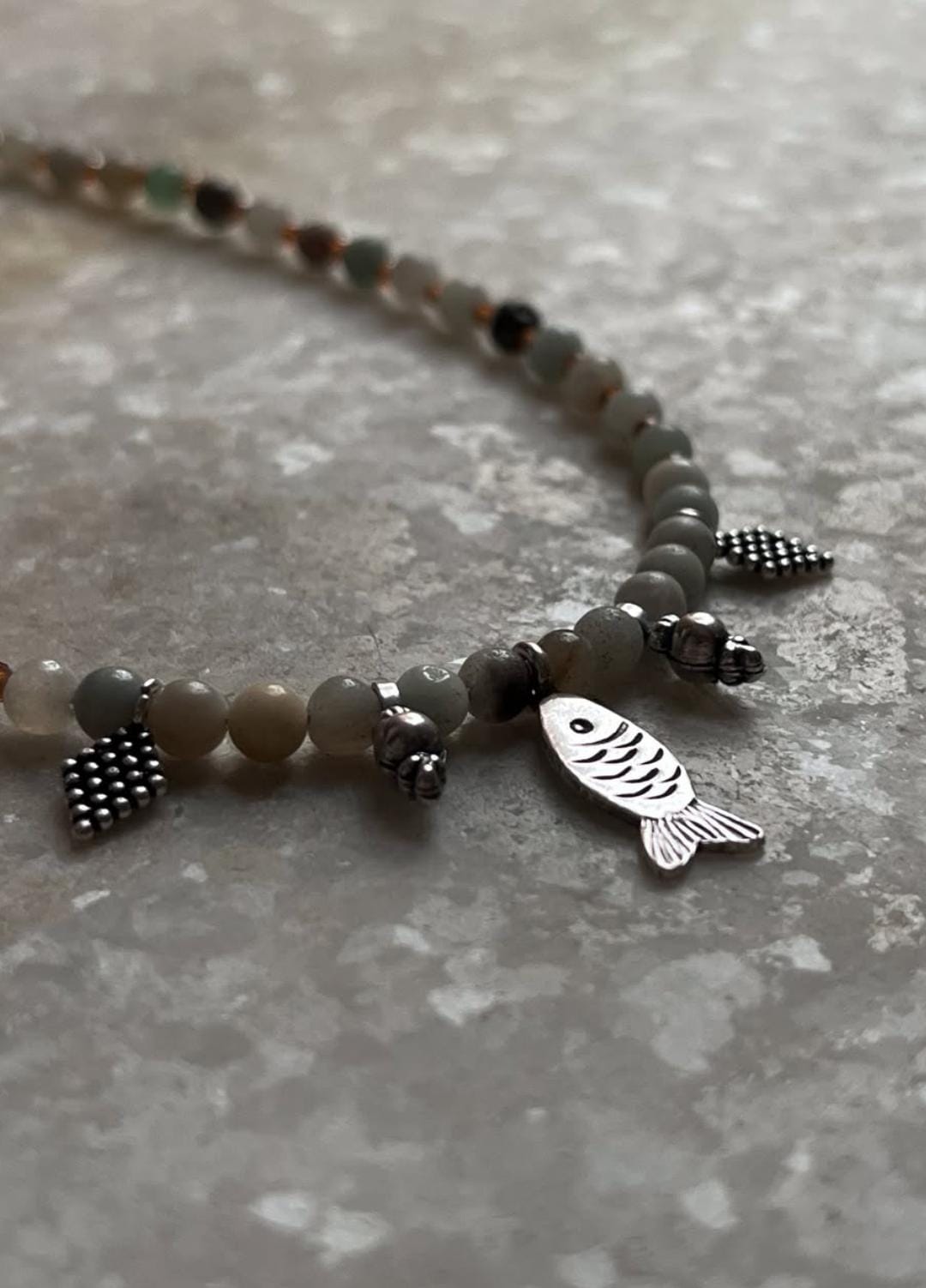 Matsya / Fish Amazonite & Hessonite Boho Choker Handcrafted Sterling Silver 925 Necklace