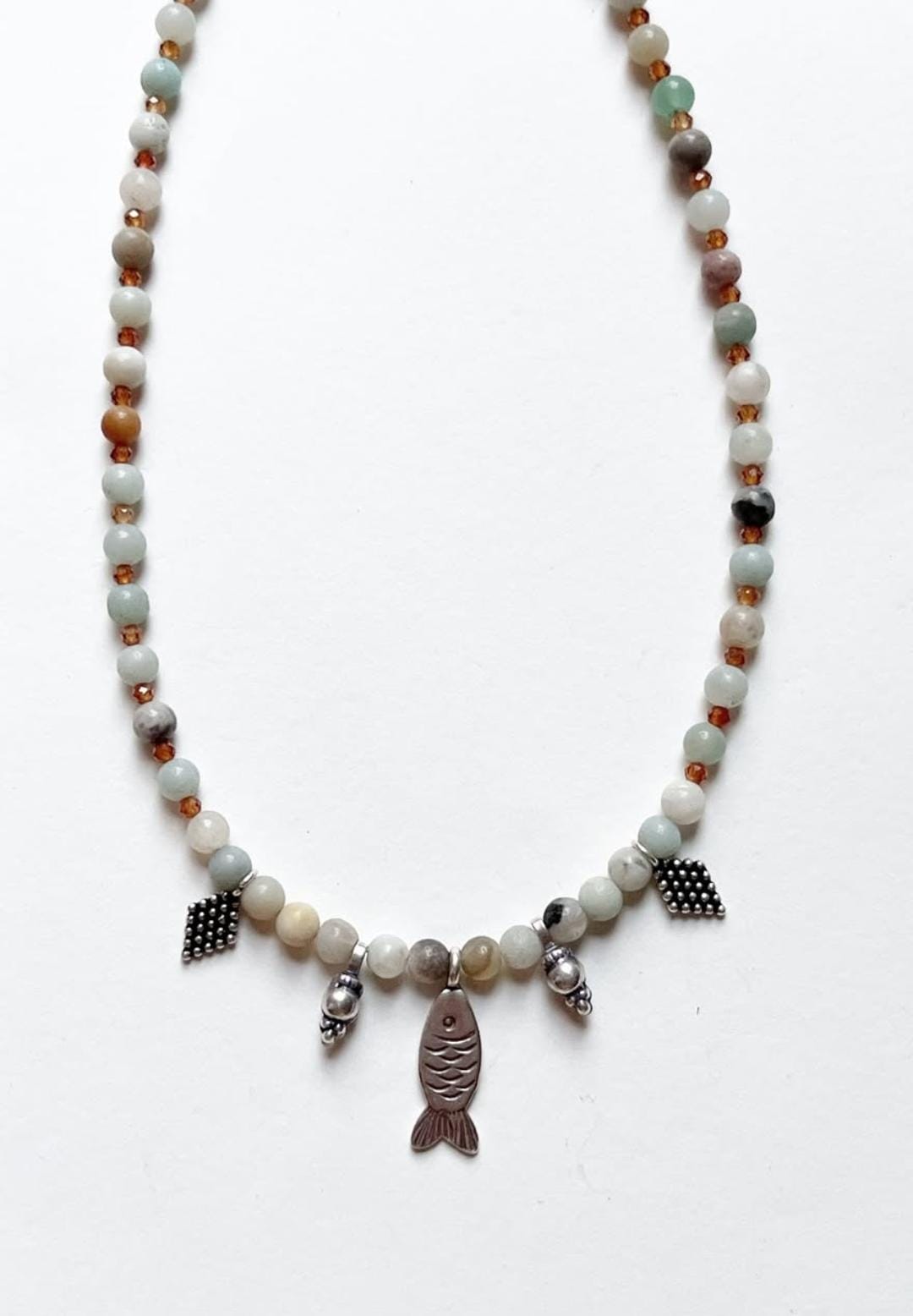 Matsya / Fish Amazonite & Hessonite Boho Choker Handcrafted Sterling Silver 925 Necklace
