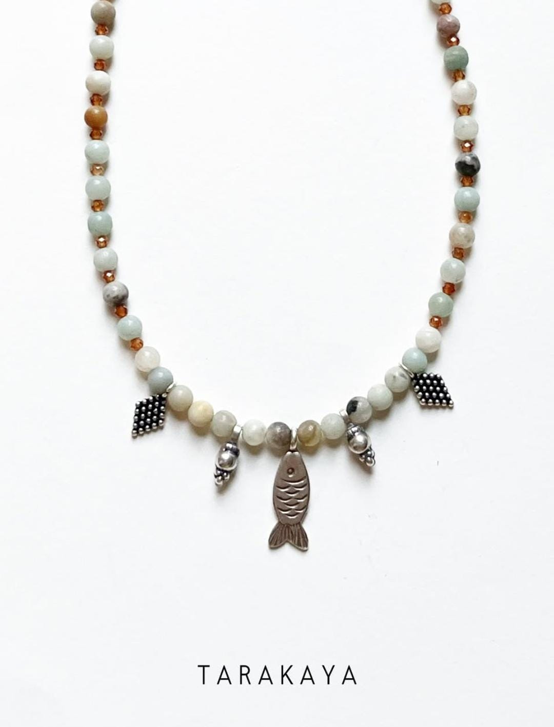 Matsya / Fish Amazonite & Hessonite Boho Choker Handcrafted Sterling Silver 925 Necklace