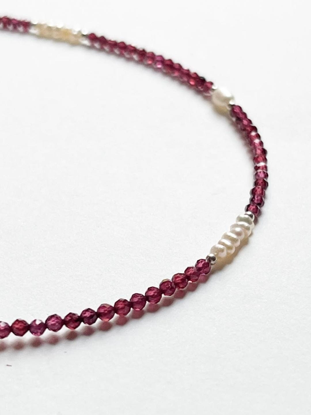 Garnet, Silver Beads & Fresh Water Pearl Boho Choker Handcrafted Sterling Silver 925 Necklace