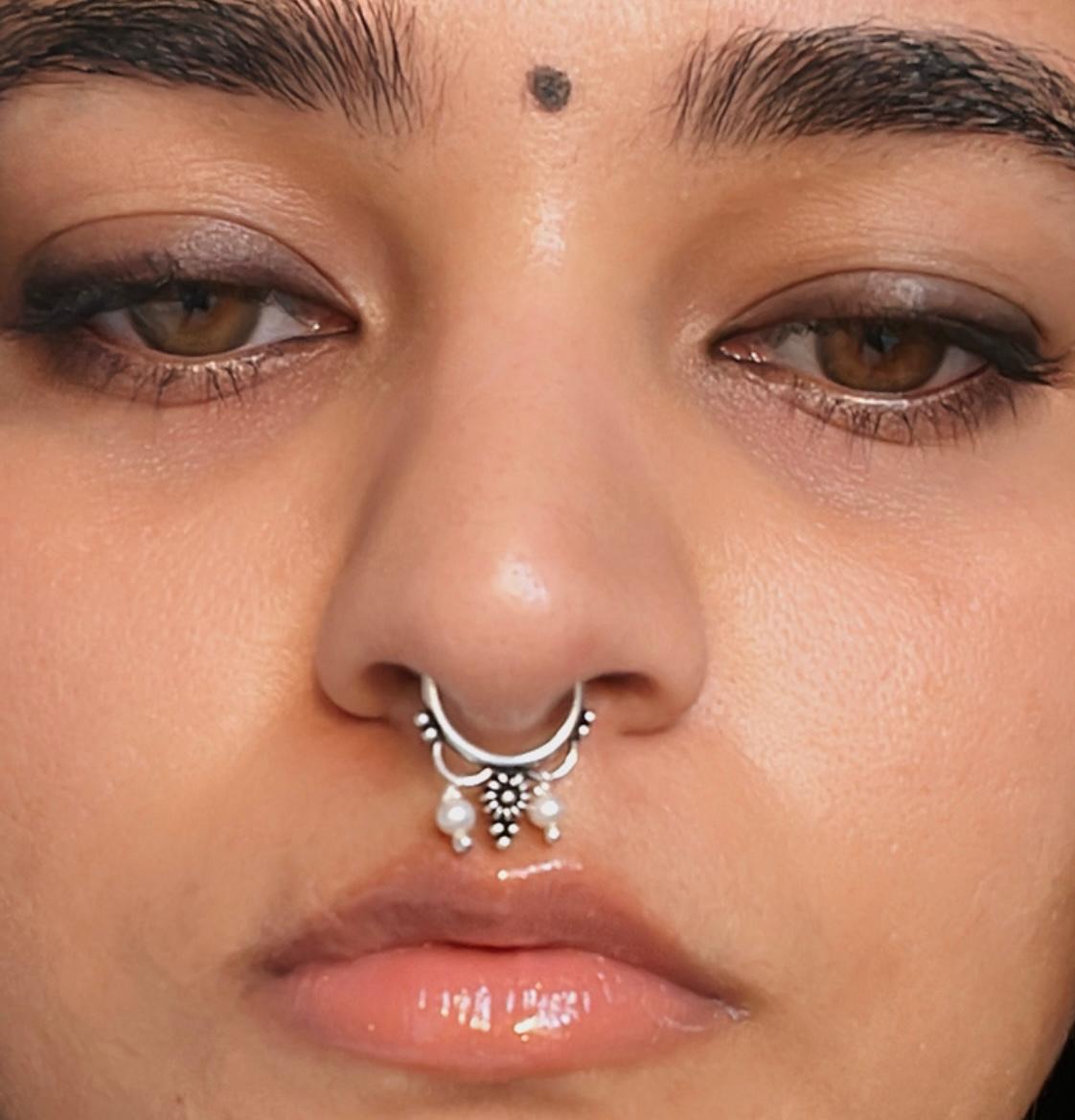 Ethnic style tribal flower silver septum clip on with pearl