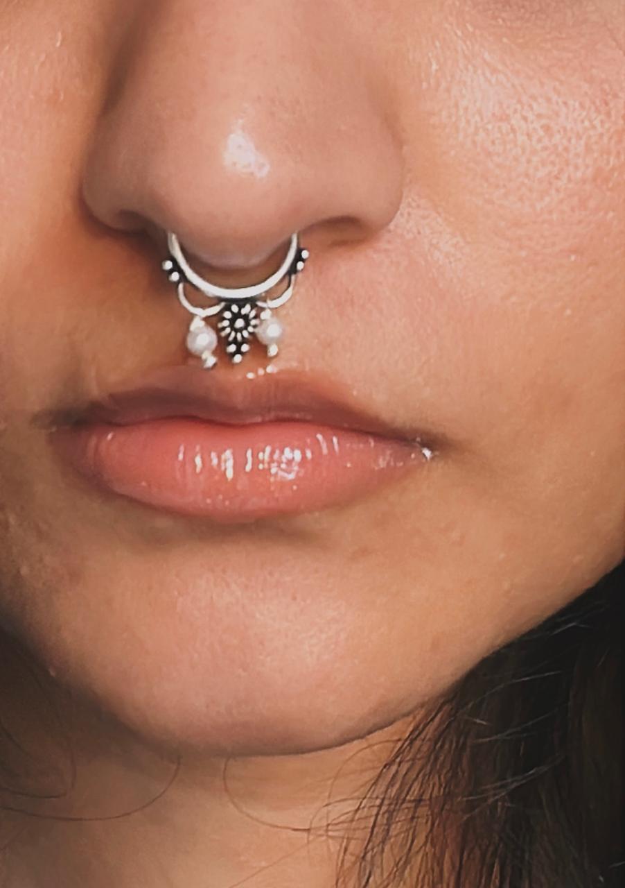 Unique tribal flower septum jewelry with pearl in silver
