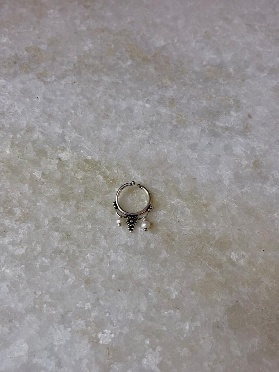 Artisan silver tribal flower septum clip on with freshwater pearl