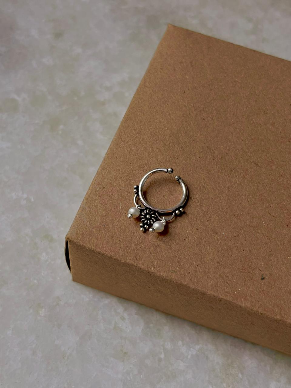 Handcrafted tribal flower design silver septum ring with pearl