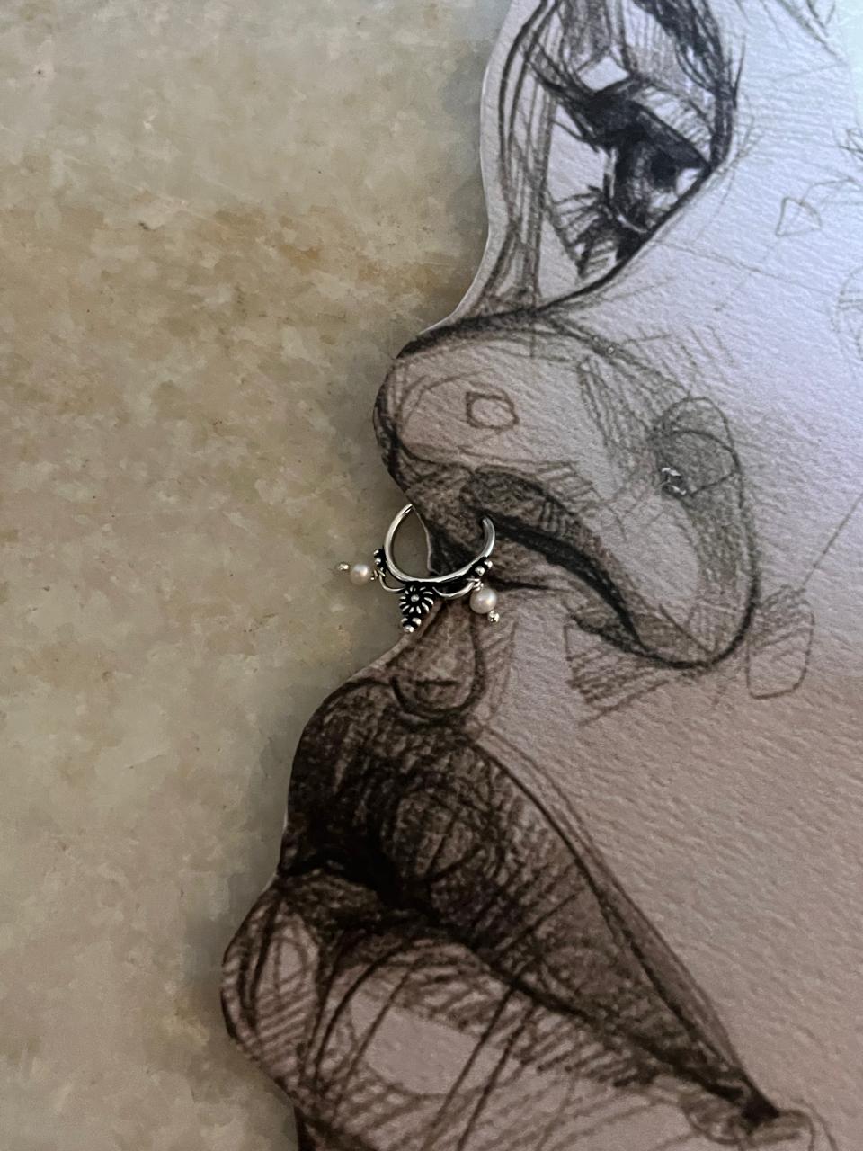 Boho tribal flower septum ring with pearl 925 silver design