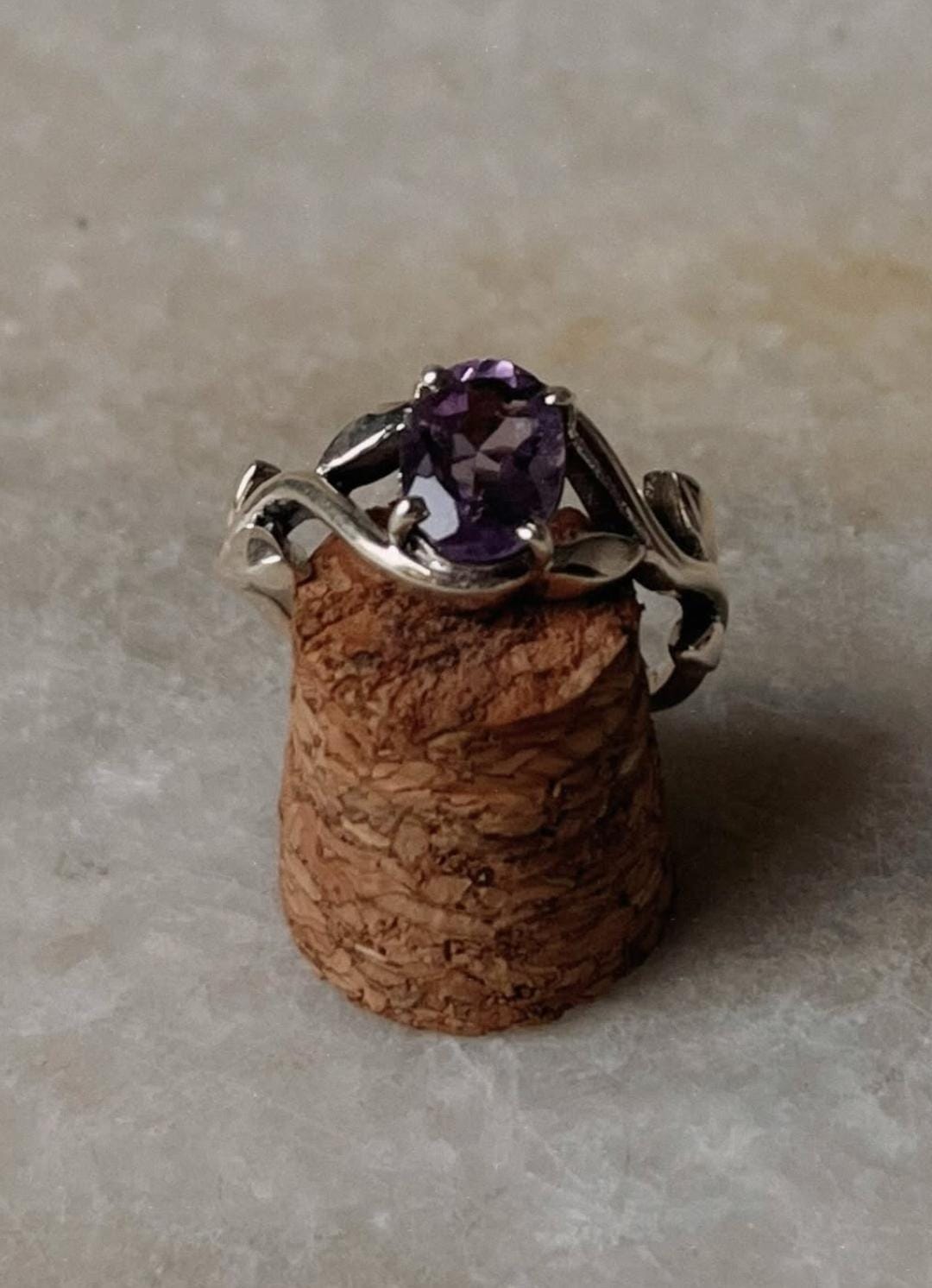 Handcrafted amethyst silver ring with vine-inspired design
