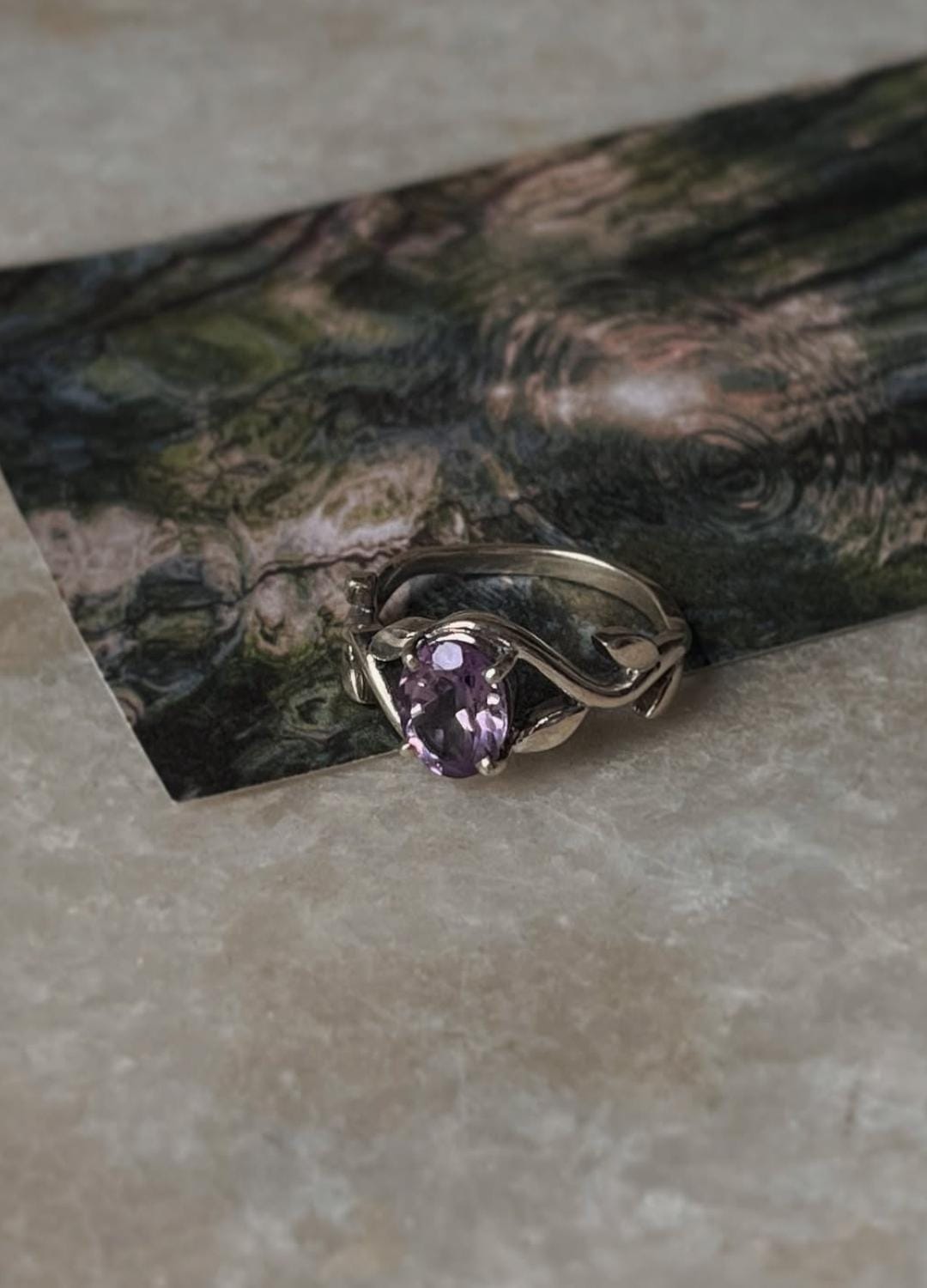 Elegant sterling silver band ring with amethyst vine details