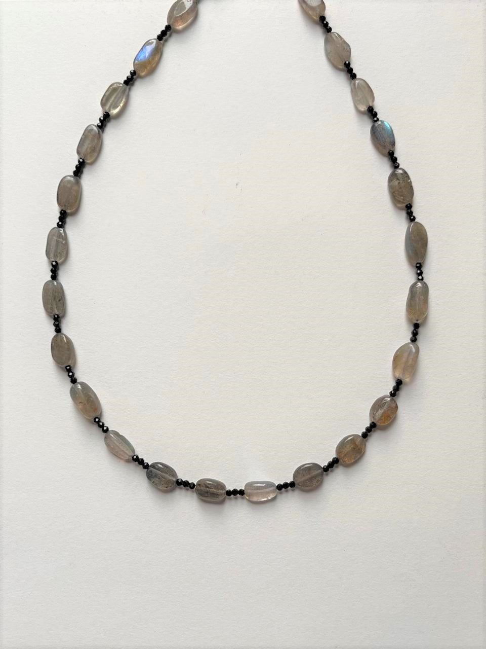 Labradorite Oval & Black Spinel 2mm Natural Crystal 925 Sterling Silver Necklace