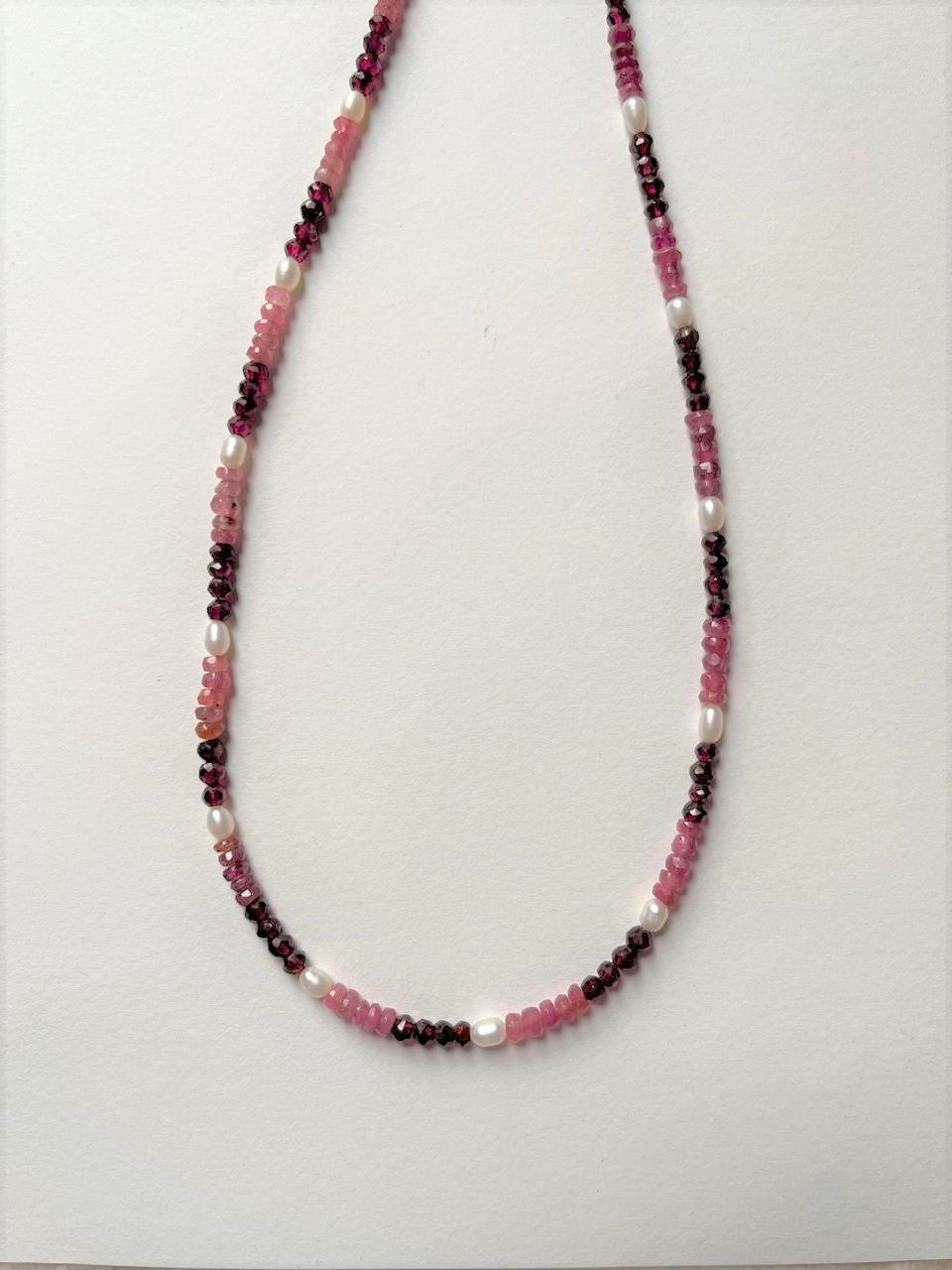 Garnet, Pink Tourmaline & Fresh Water Pearl Boho Choker Handcrafted Sterling Silver 925 Necklace