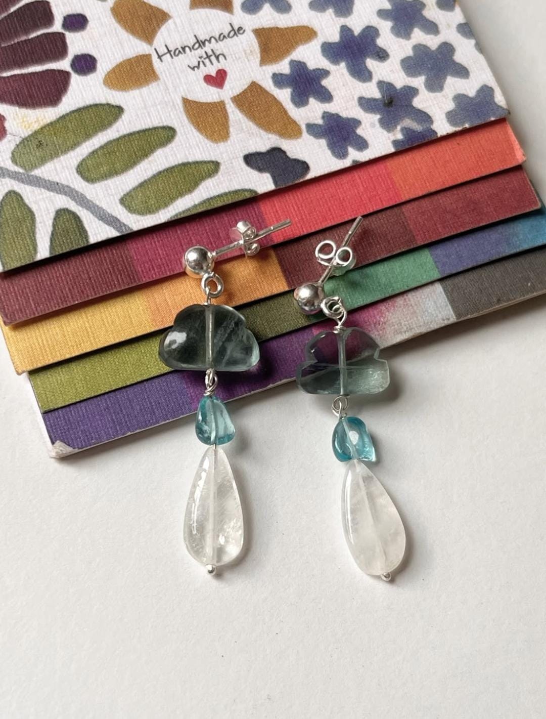 Fluorite Cloud, Apatite & Moonstone Studs 925 Sterling Silver Earrings