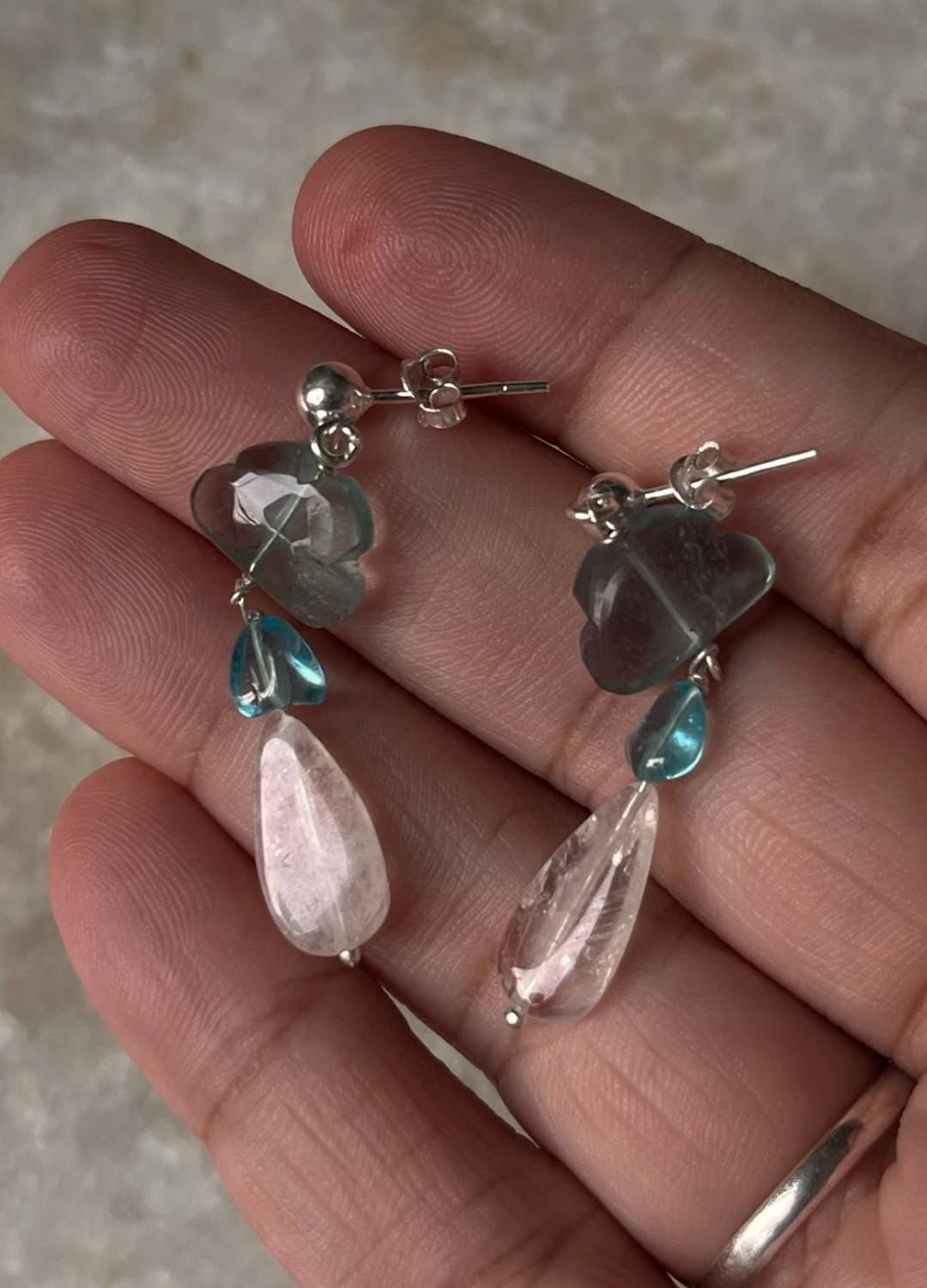 Fluorite Cloud, Apatite & Moonstone Studs 925 Sterling Silver Earrings