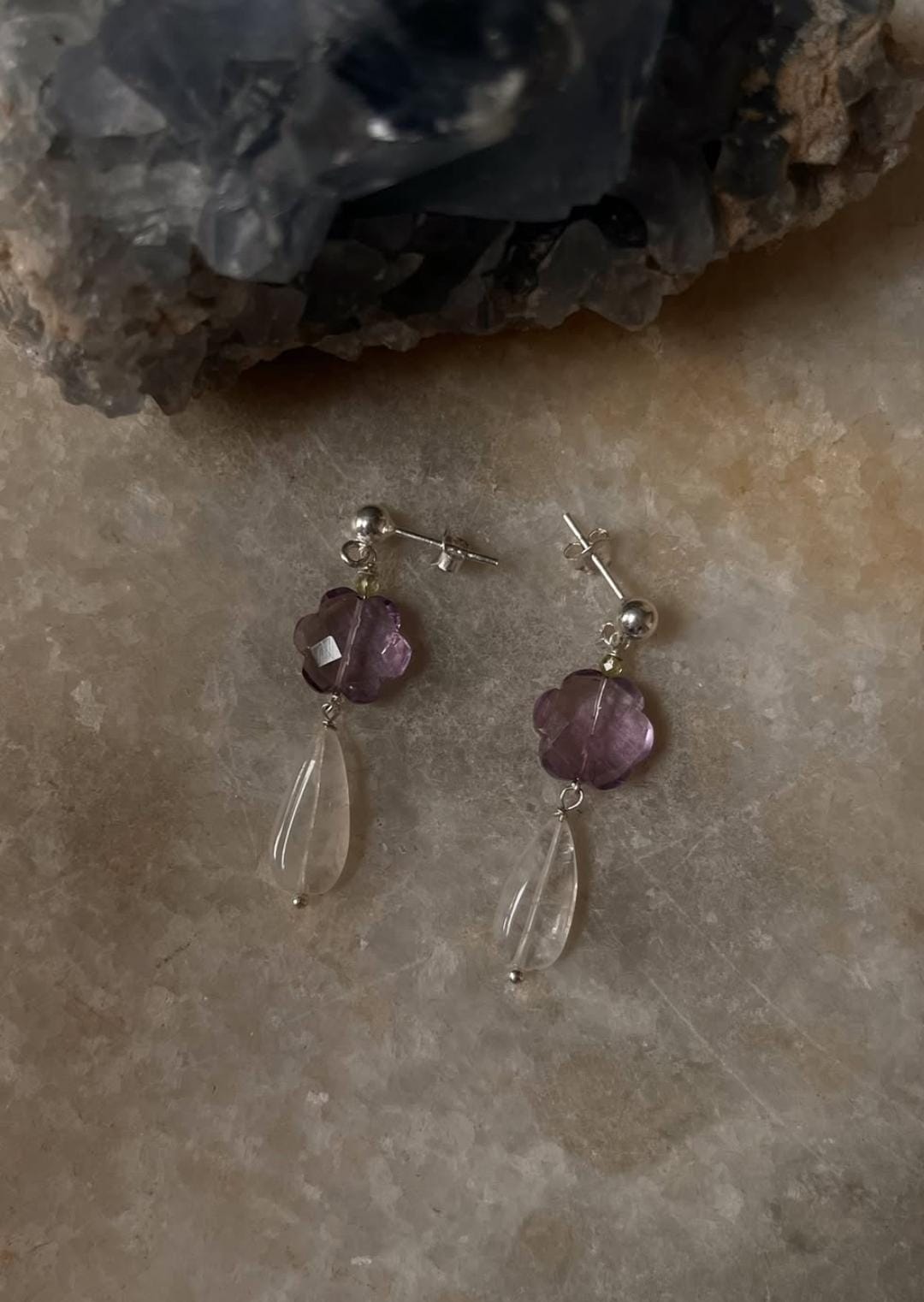 Amethyst Flower , Peridot & Moonstone Crystal 925 Sterling Silver Earrings