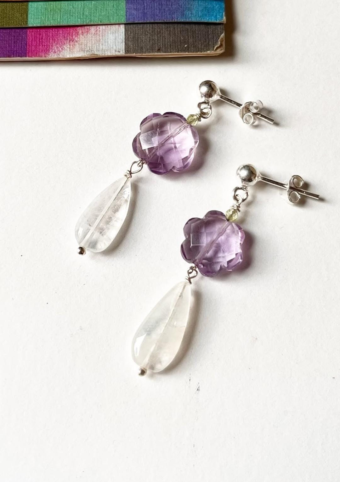 Amethyst Flower , Peridot & Moonstone Crystal 925 Sterling Silver Earrings
