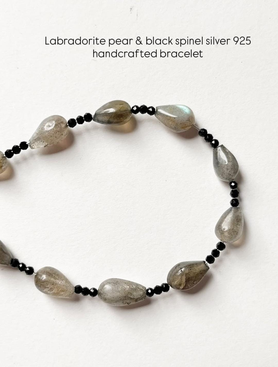 Labradorite Pear & Black Spinel 2mm Natural Crystal 925 Sterling Silver Bracelet