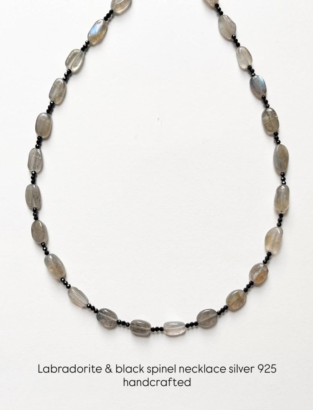 Labradorite Oval & Black Spinel 2mm Natural Crystal 925 Sterling Silver Necklace