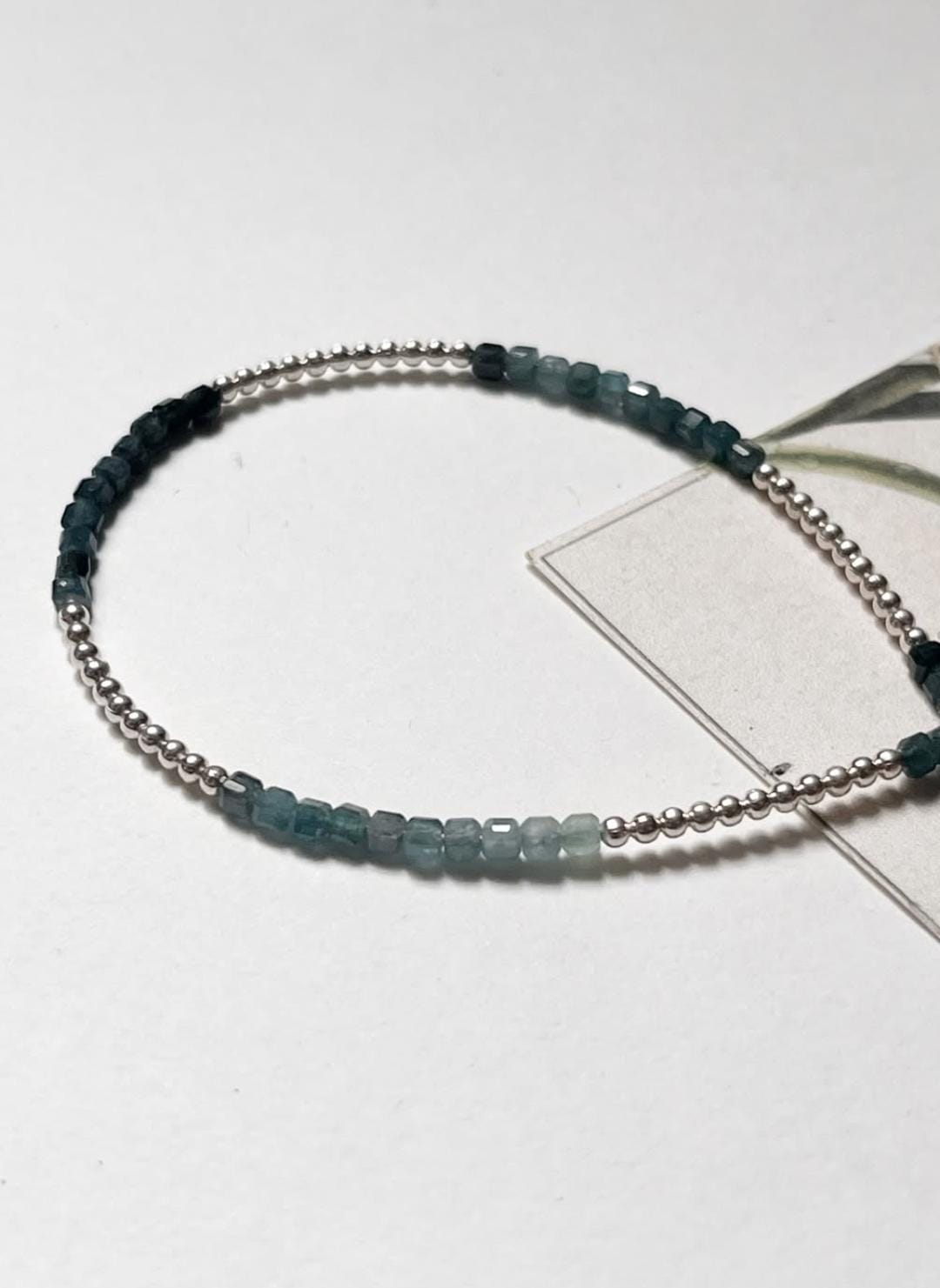 Natural Grandidierite Box Gradient & Silver 2mm Beads Handcrafted 925 Sterling Silver Bracelet