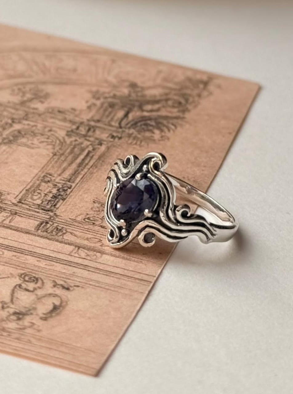 Oxidised 925 Silver Iolite Ring with Wavy Design