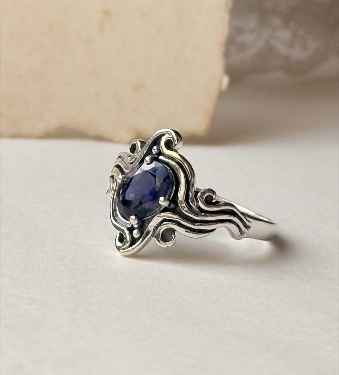 Iolite Faceted Stone Oxidised Silver Wave Design Ring