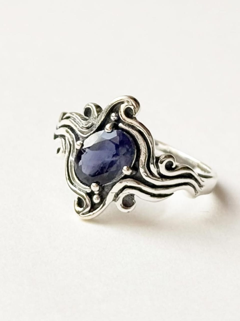 Elegant Iolite Faceted Stone Flowy Waves Silver Ring