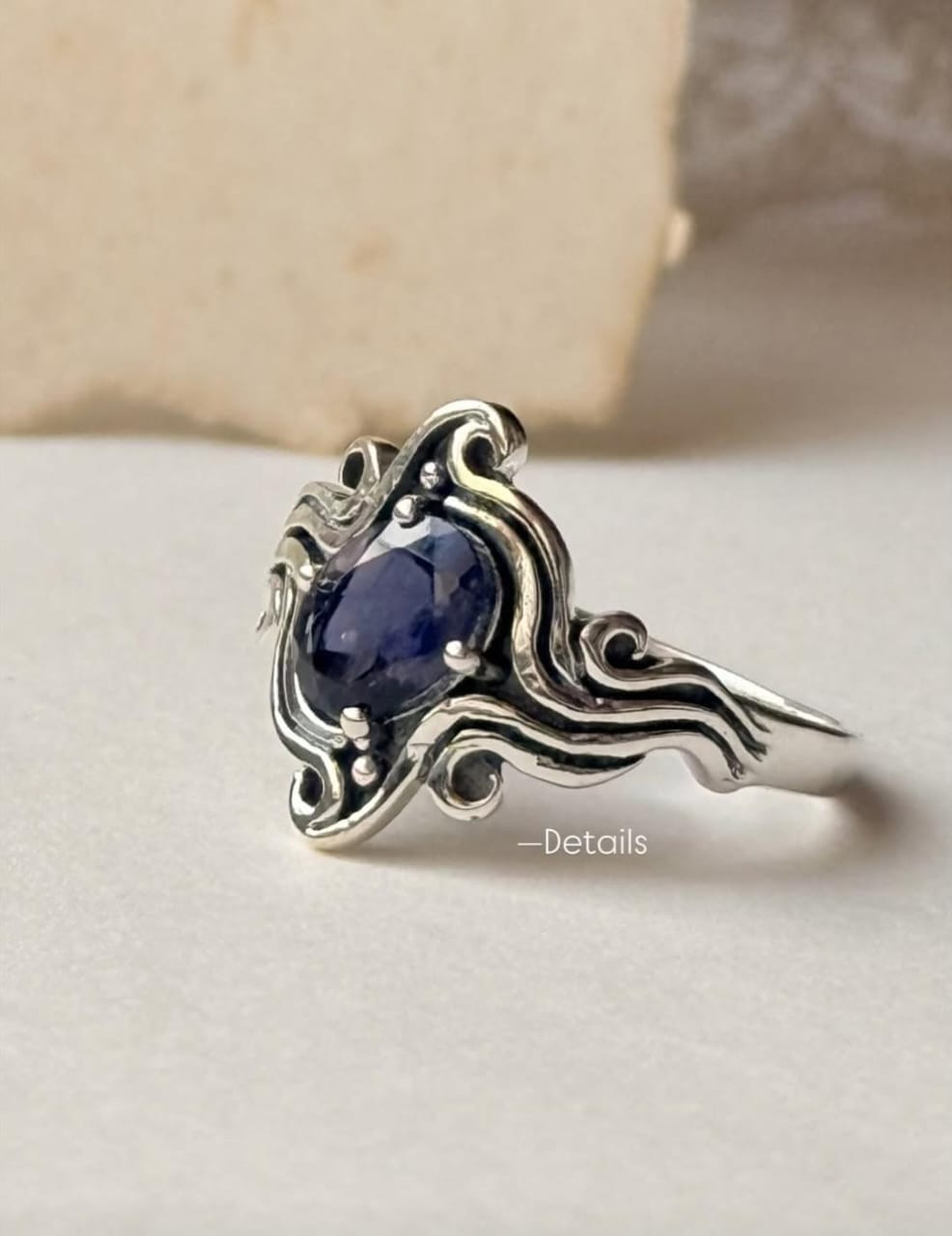 Iolite Gemstone Flowy Waves Handcrafted Oxidised Silver Ring