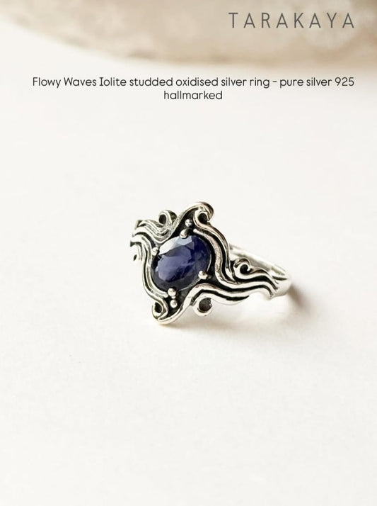 Flowy Waves Iolite Faceted Studded Oxidised 925 Sterling Silver Ring