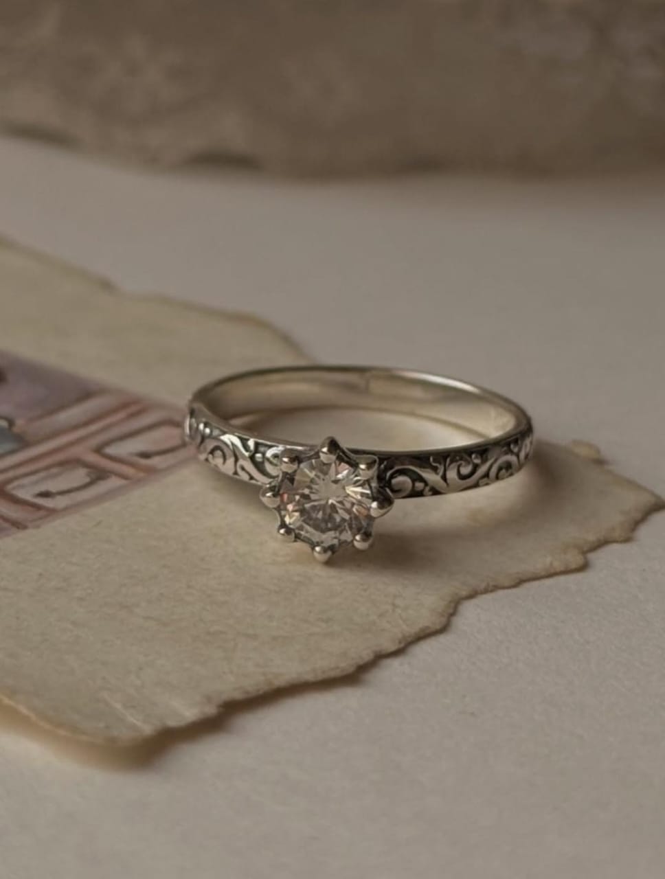 Vintage Motif Cz Solitaire Stack Band 925 Sterling Silver Ring