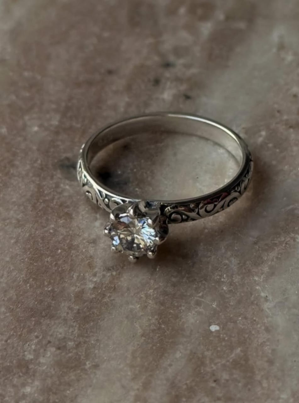 Vintage Motif Cz Solitaire Stack Band 925 Sterling Silver Ring
