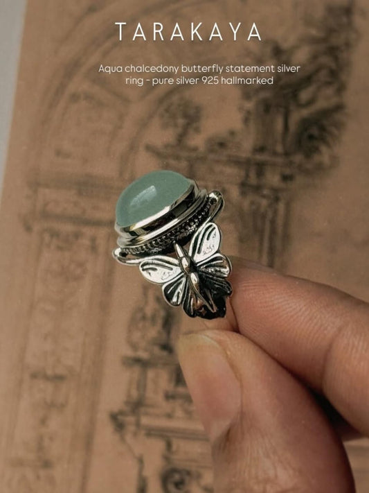 Aqua Chalcedony Butterfly Motif Statement Band 925 Sterling Silver Ring