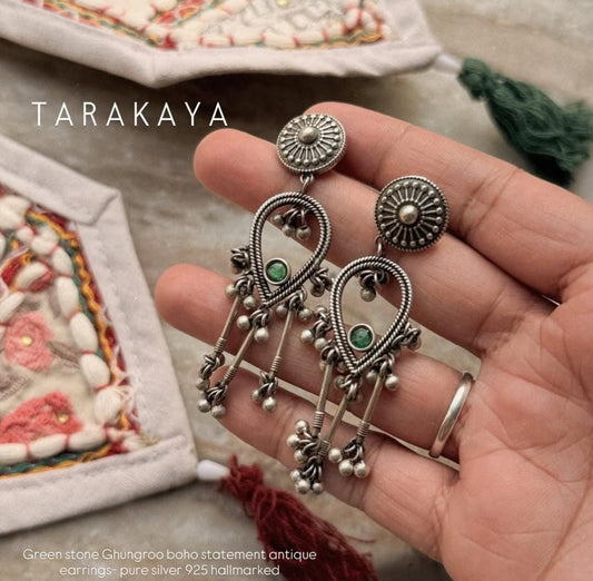 Antique Green Stone Ghungroo Boho Statement 925 Sterling Silver Earrings