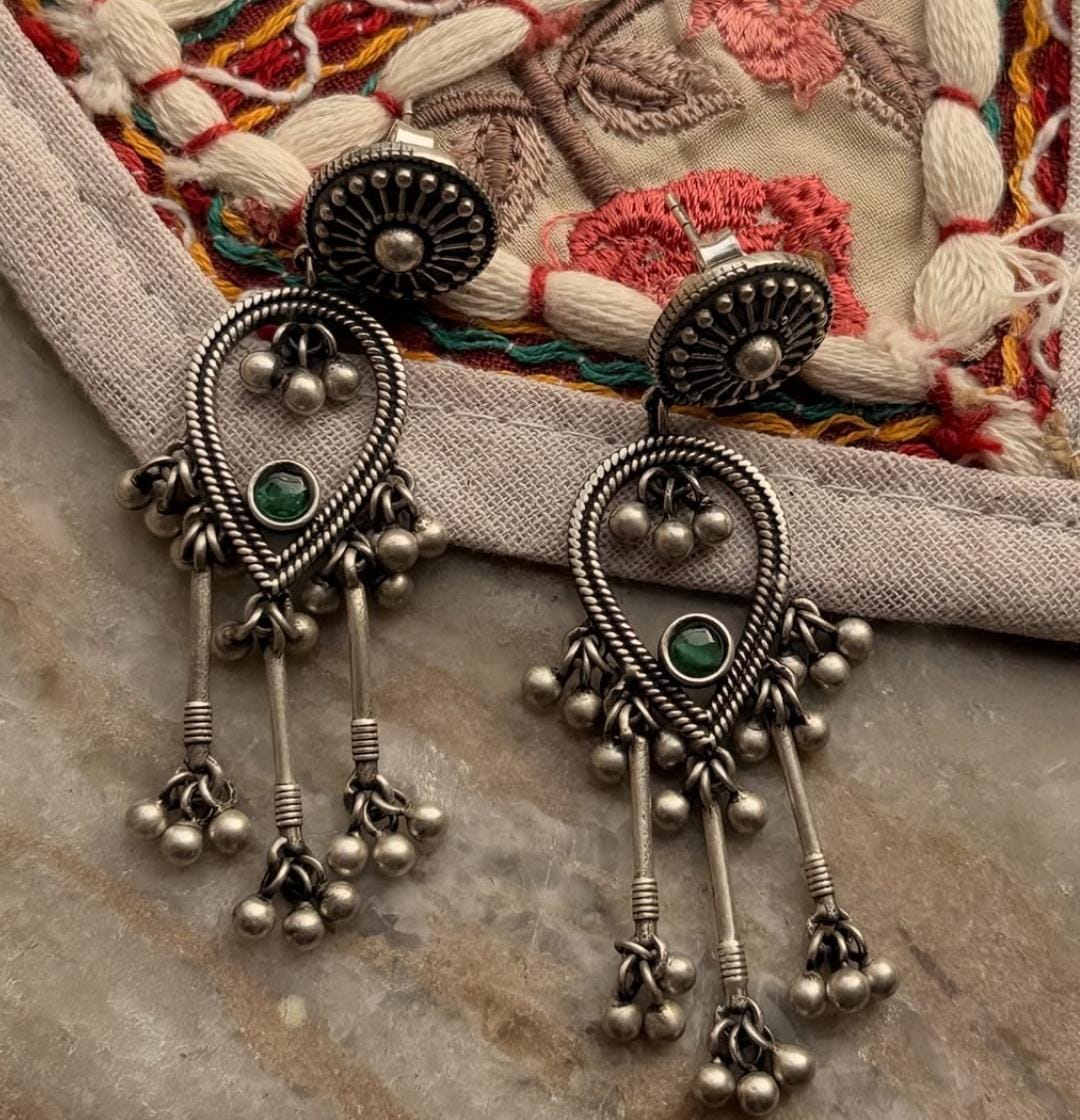 Antique Green Stone Ghungroo Boho Statement 925 Sterling Silver Earrings
