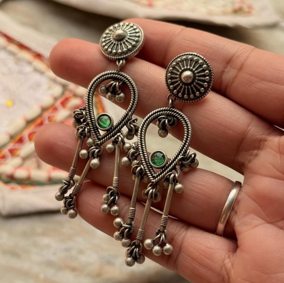 Antique Green Stone Ghungroo Boho Statement 925 Sterling Silver Earrings