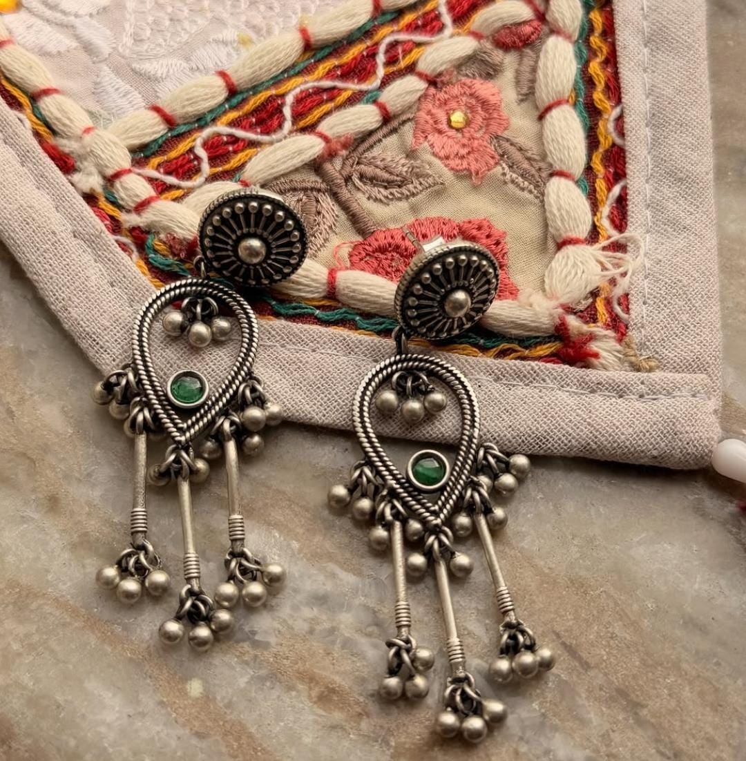 Antique Green Stone Ghungroo Boho Statement 925 Sterling Silver Earrings