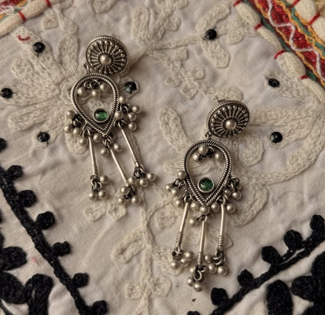 Antique Green Stone Ghungroo Boho Statement 925 Sterling Silver Earrings
