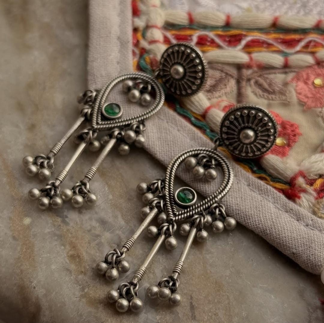 Antique Green Stone Ghungroo Boho Statement 925 Sterling Silver Earrings
