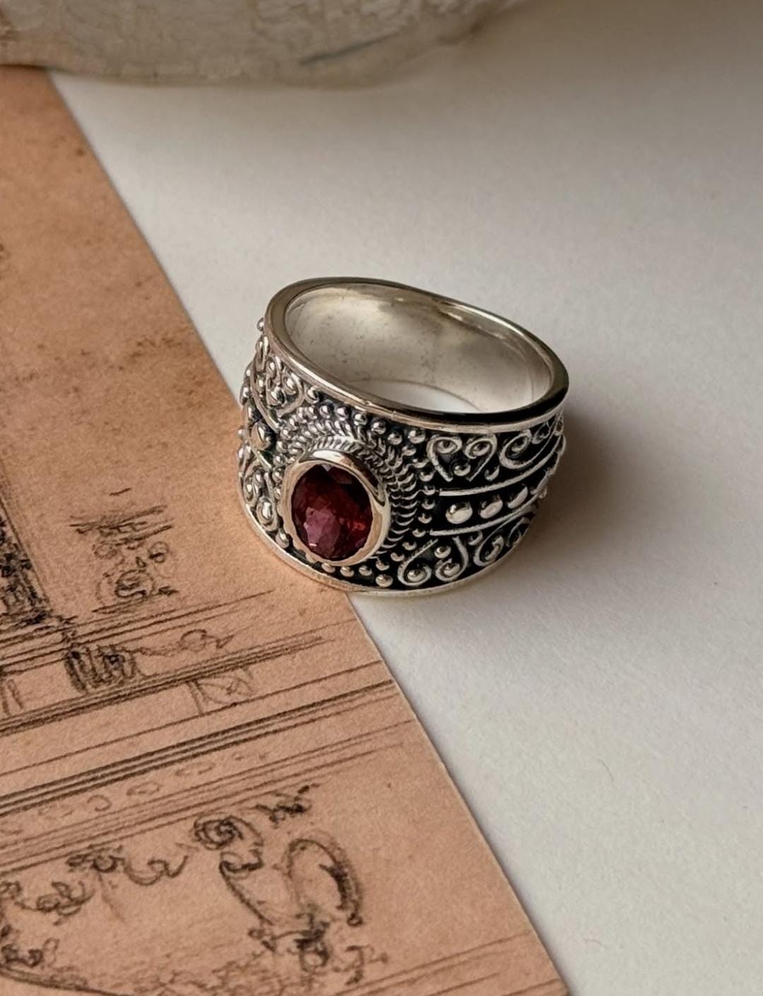 Elegant faceted pink tourmaline silver ring handmade design