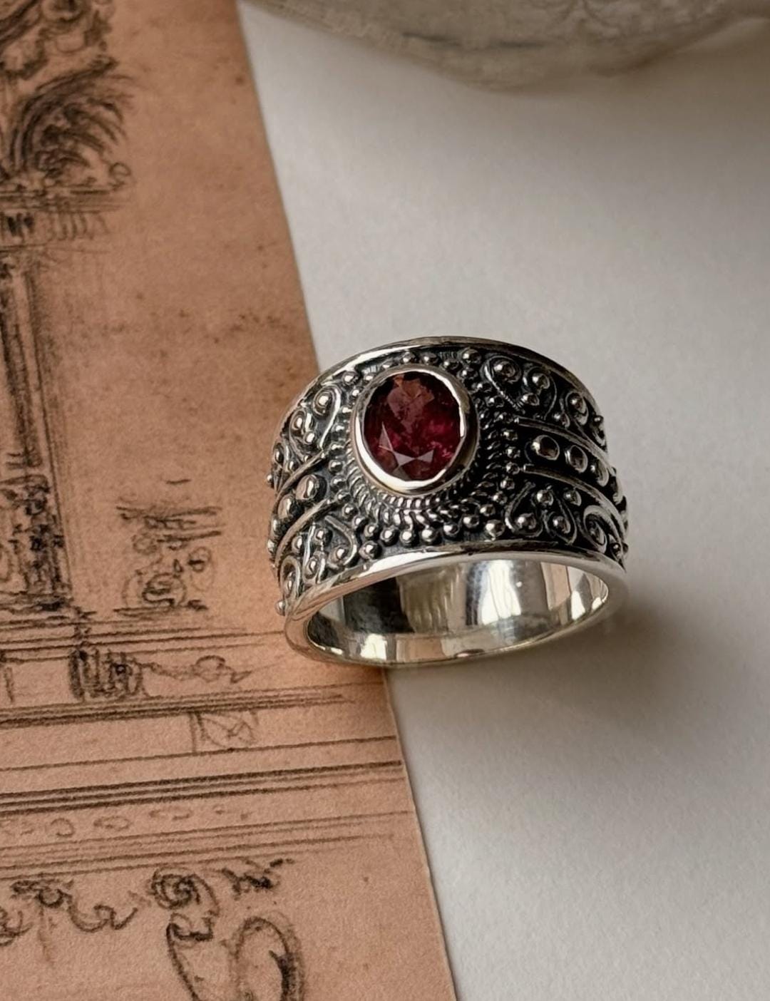 Bohemian style pink tourmaline statement ring in 925 silver